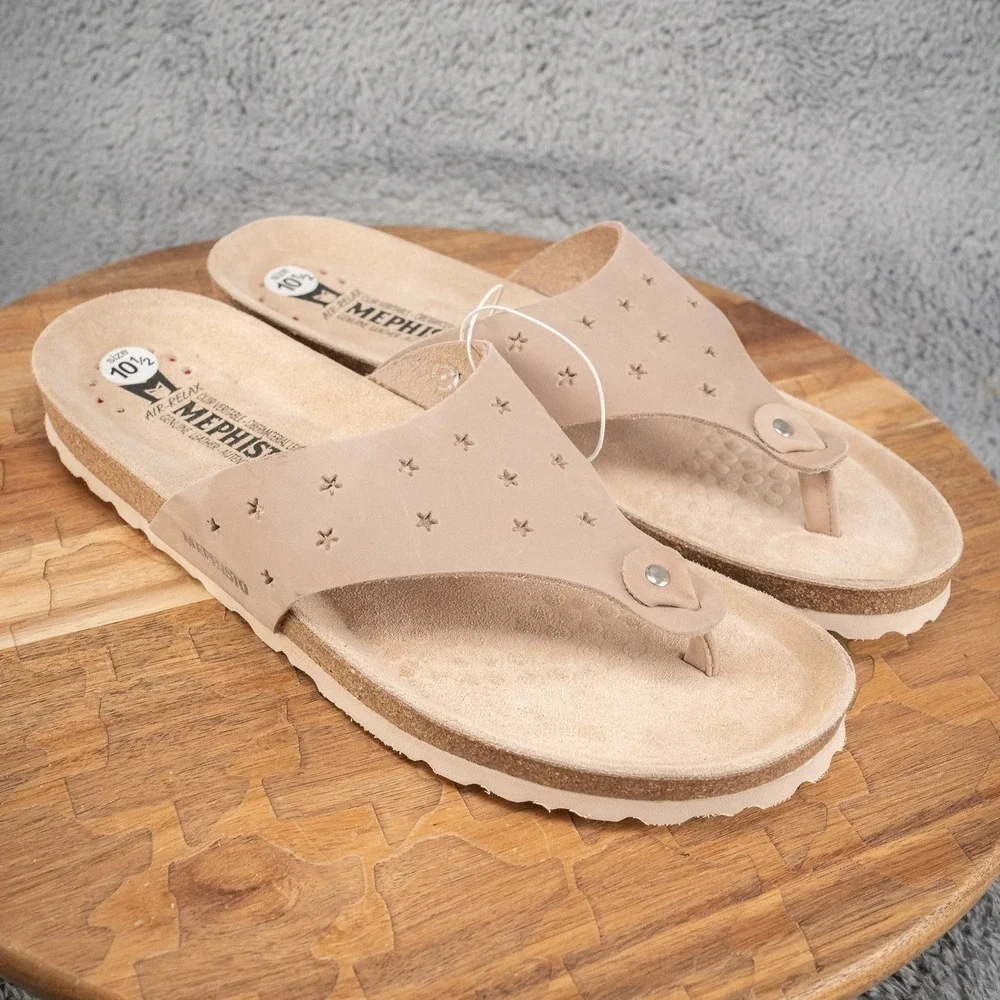 New Mephisto Nikie Star Perforated Leather Thong Sandals Taupe EU 42 US‎ 10.5-11